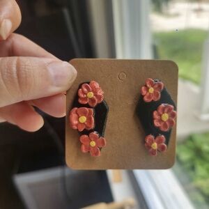 Gothic Coffin Earrings with Orange Floral Accents